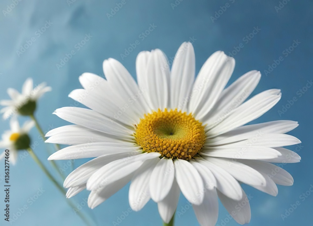 Fototapeta premium Elegant white daisy on sky blue canvas backdrop, nature, sky blue, daisy