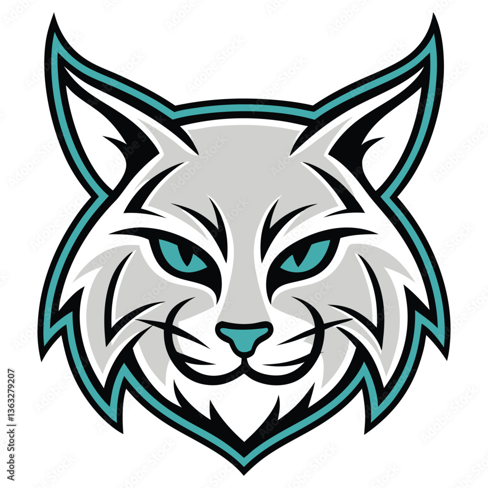 Fierce Lynx Mascot Design with Sharp Blue Eyes and Turquoise Outline on White Fierce Lynx Mascot Design with Sharp Blue Eyes and Turquoise Outline on White