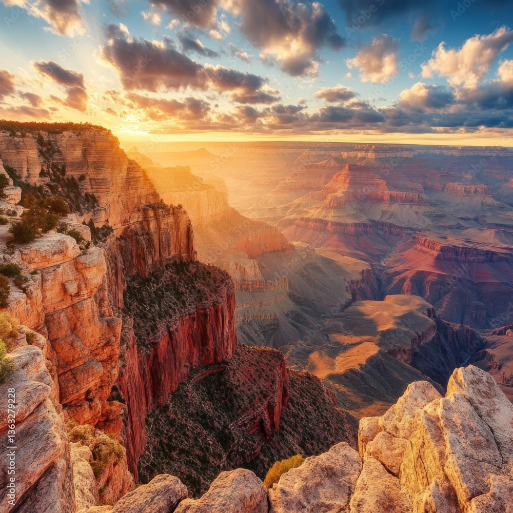 Fototapeta premium Golden sunlight casts a warm glow on the Grand Canyon, highlighting the dramatic rock formations and colorful skies at dusk Generative AI