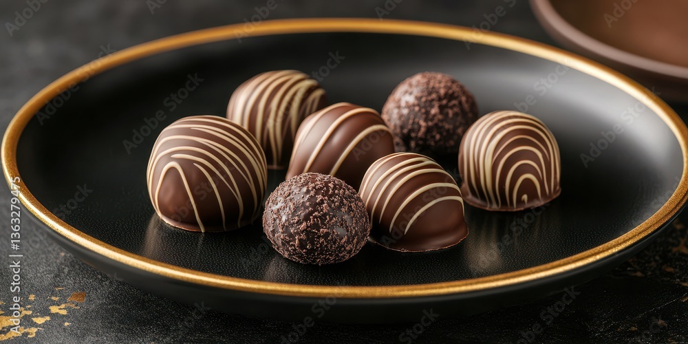 Delicious assorted chocolate truffles on a black plate featuring elegant designs and textures Delicious assorted chocolate truffles on a black plate featuring elegant designs and textures