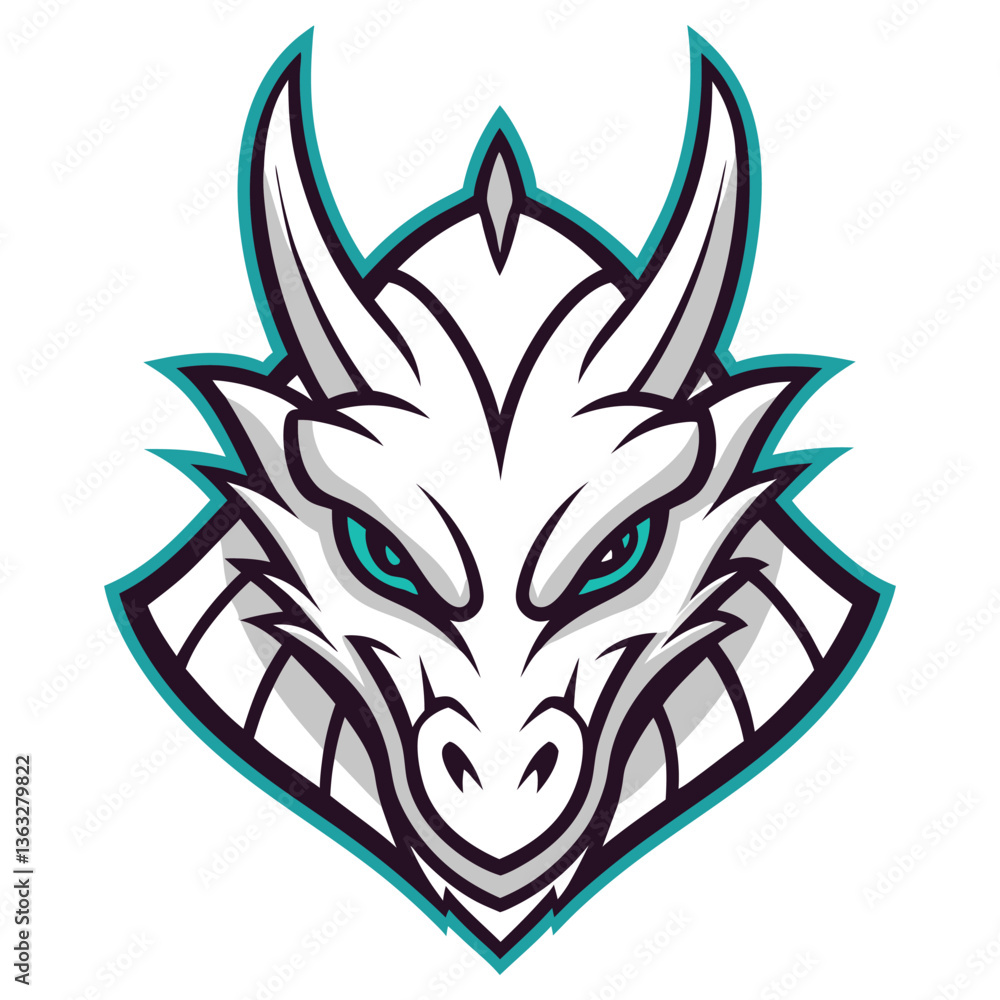 Obraz premium Fierce White Dragon Head with Teal Accents and Horns on Transparent Background