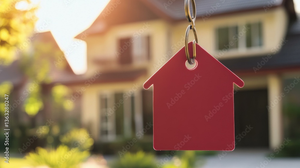 House-Shaped Keychain with a House Background in Soft, Warm Light, Symbolizing Home Ownership and Real Estate House-Shaped Keychain with a House Background in Soft, Warm Light, Symbolizing Home Ownership and Real Estate