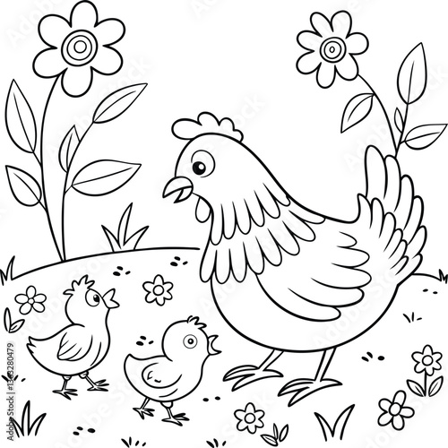 Cute chicken family in the garden coloring page
