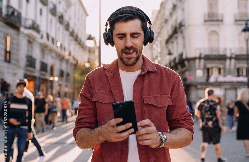 stylish man wearing wireless headphones walks through a lively city street at sunset, engaging with smartphone. golden sunlight emphasizes technology, digital lifestyle, and modern urban connectivity