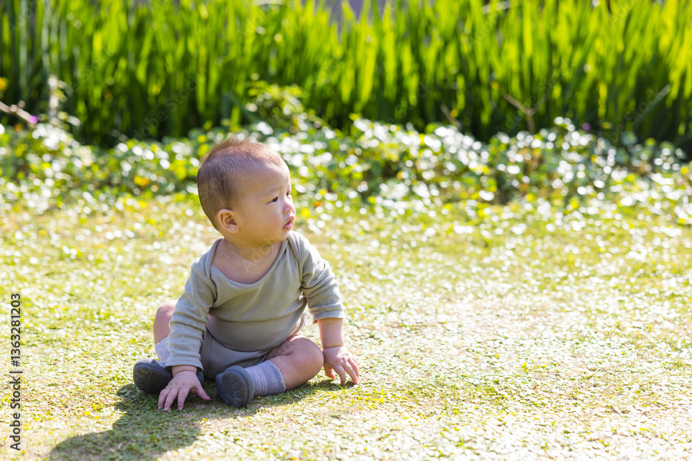 Baby sitting on the grassland under sunlight