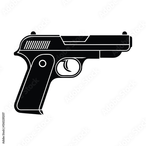 Black handgun with bullets isolated on white background representing danger and violence.