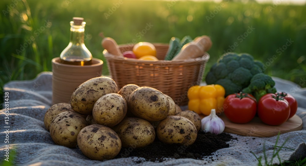 Fresh Potatoes and Tomatoes in Farm Scene Fresh Potatoes and Tomatoes in Farm Scene