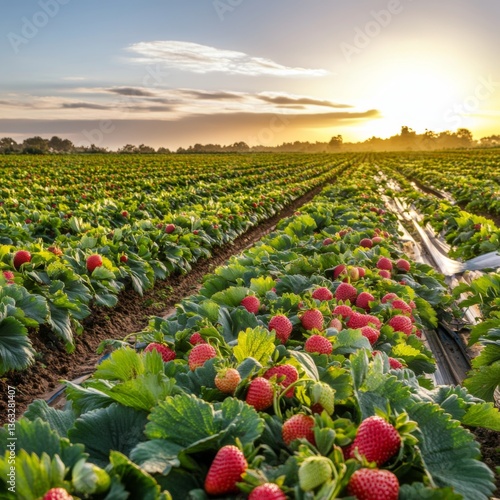 Ripe strawberries grow abundantly in rows as the sun sets, casting warm light over the agricultural field Generative AI