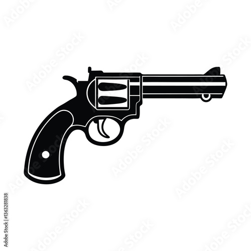 Black handgun with bullets isolated on white background.