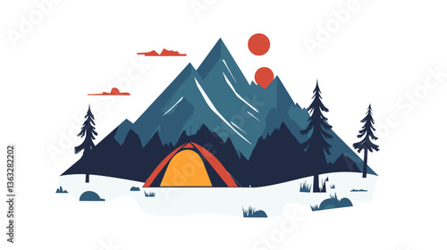 Campfire and tent illustration with mountains in flat style
