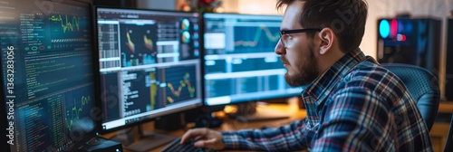 A man works as an operator specialist in a computer data center in front of many monitors with charts and data