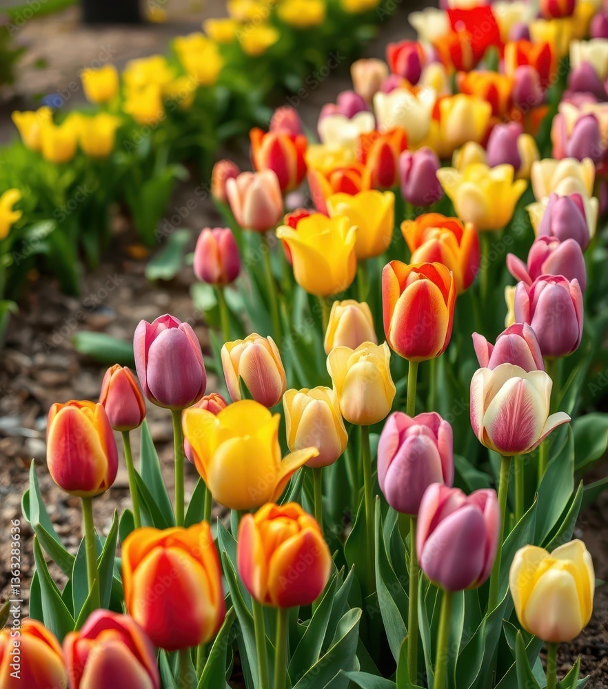 Fototapeta premium Vibrant spring tulips in a neat row, various colors blooming, garden, orange, macro