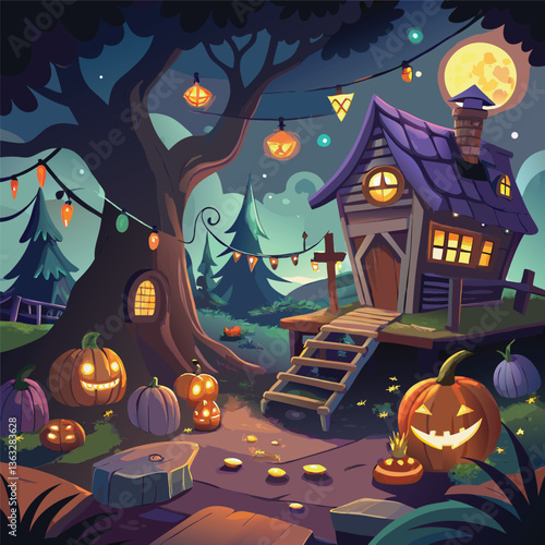 Spooky Halloween Cottage with Jack-O'-Lanterns and Lantern Lights