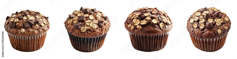 Chocolate Oat Muffin with Chocolate Chips set isolated on transparent or white background Chocolate Oat Muffin with Chocolate Chips set isolated on transparent or white background