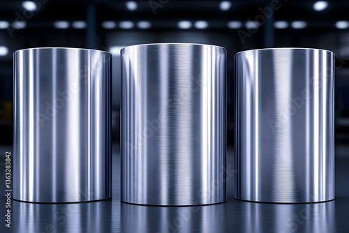 Three polished metal cylinders in industrial setting