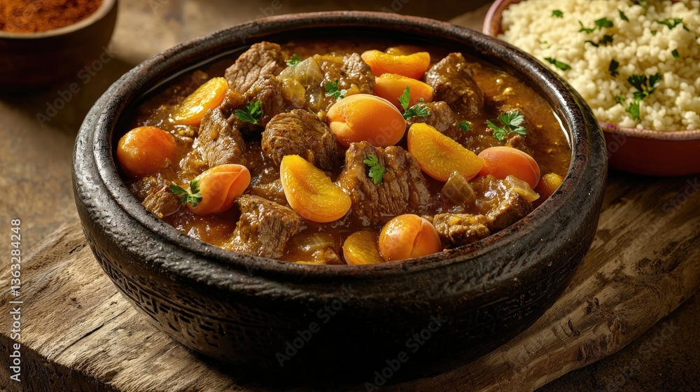 Rustic clay pot with hearty stew and fluffy couscous, featuring tender meat and fresh herbs Rustic clay pot with hearty stew and fluffy couscous, featuring tender meat and fresh herbs