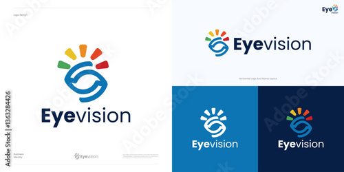Modern eye vision logo icon design vector, symbol for optics or optical, geometric eye sign with colorful sight or spark shapes for global tech vision, eye care solutions for healthy. digital media