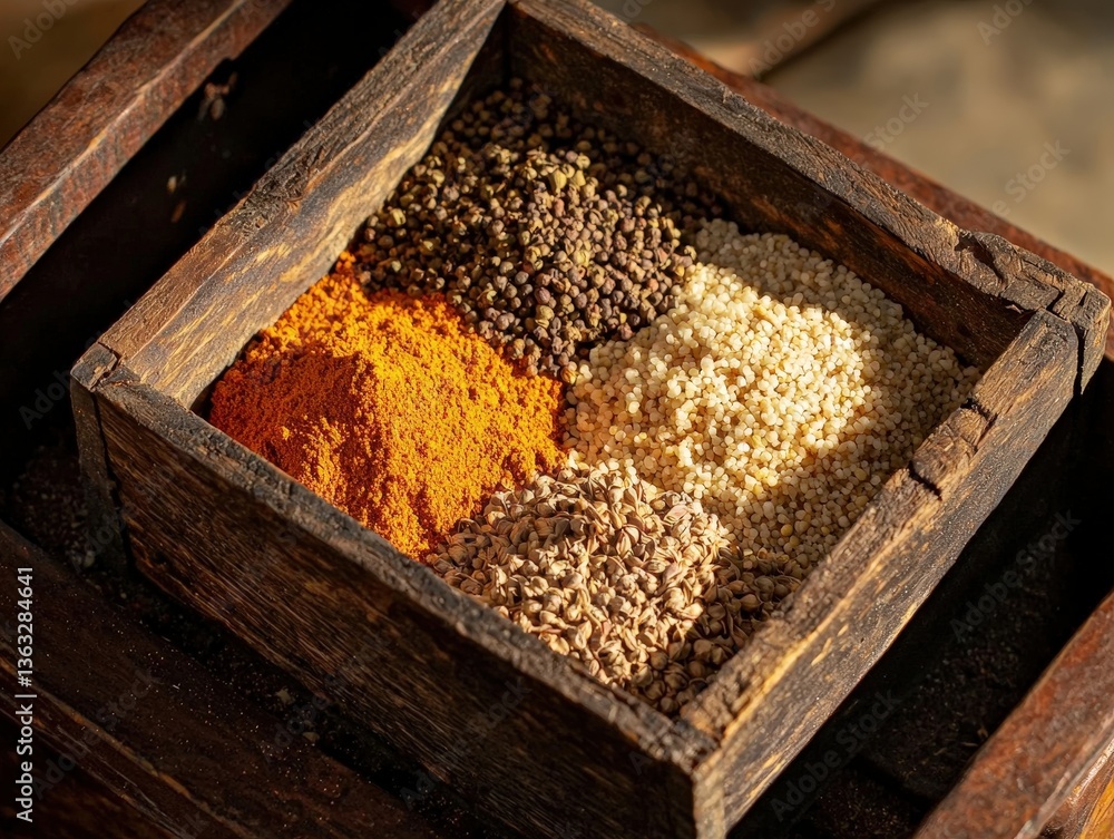 Rustic wooden box with assorted spices and grains in warm natural light Rustic wooden box with assorted spices and grains in warm natural light