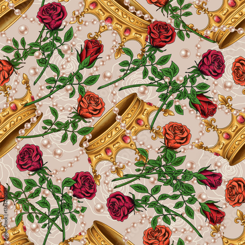 Seamless pattern with golden crown, scattered jewelry, pearl necklaces, red roses with stem. Chaotic scattered objects on light background. Luxury kitsch vintage style.