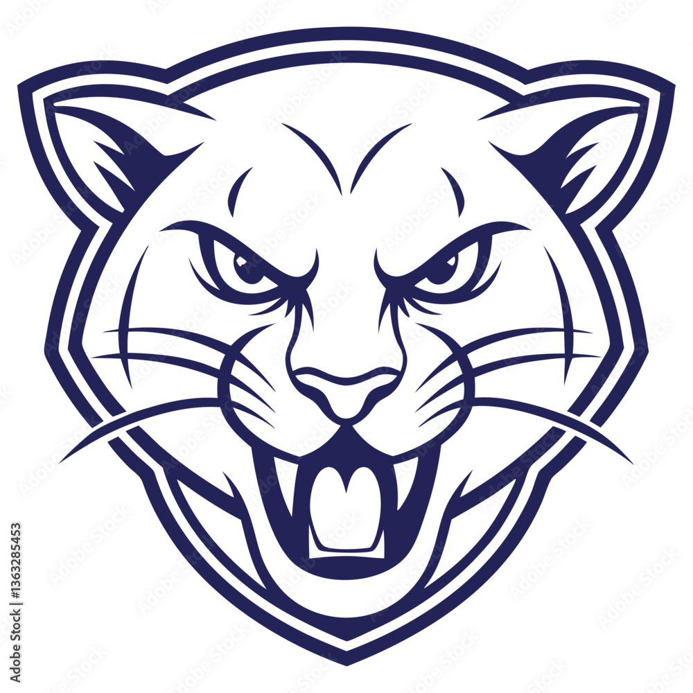 Angry Cougar Head Outline with Fangs Showing in Navy Color Isolated on White Angry Cougar Head Outline with Fangs Showing in Navy Color Isolated on White