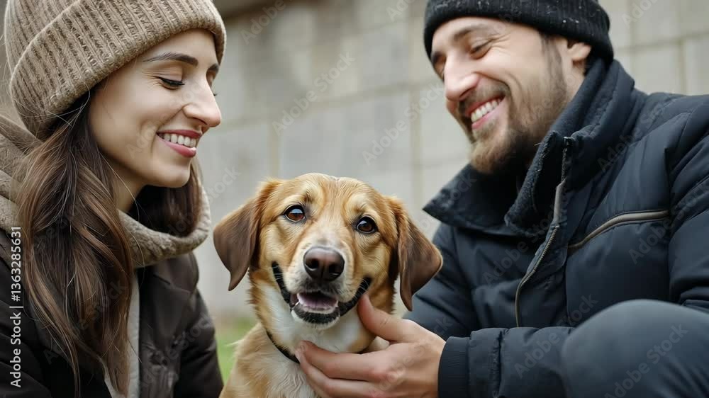 A man and a woman are hugging a dog. Person take a pet from an animal shelter. A man and a woman are hugging a dog. Person take a pet from an animal shelter.