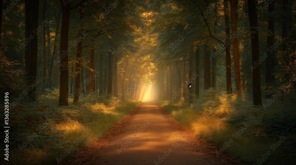 Fototapeta premium Serene forest path bathed in golden sunlight, lush green trees, tranquil nature scene