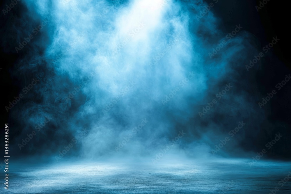 Fototapeta premium An empty stage at a concert venue, illuminated by bright spotlights and filled with smoke