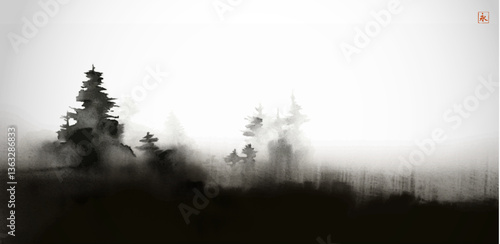 Vector sumi-e landscape of misty mountains and pine trees in soft black ink, creating a serene and atmospheric scene.Traditional Japanese ink wash painting sumi-e. Translation of hieroglyph - eternity