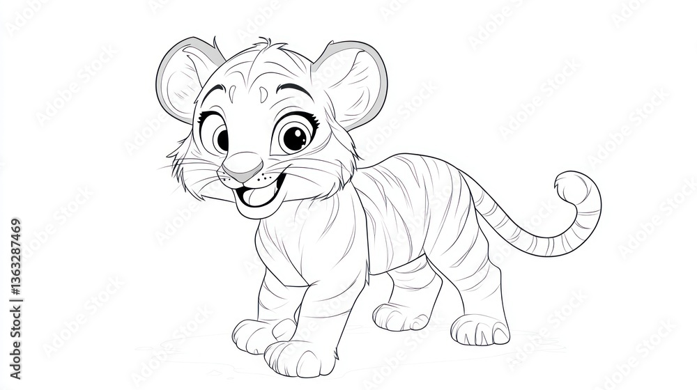 Fototapeta premium Cute tiger cub cartoon, playful pose, white background, coloring page