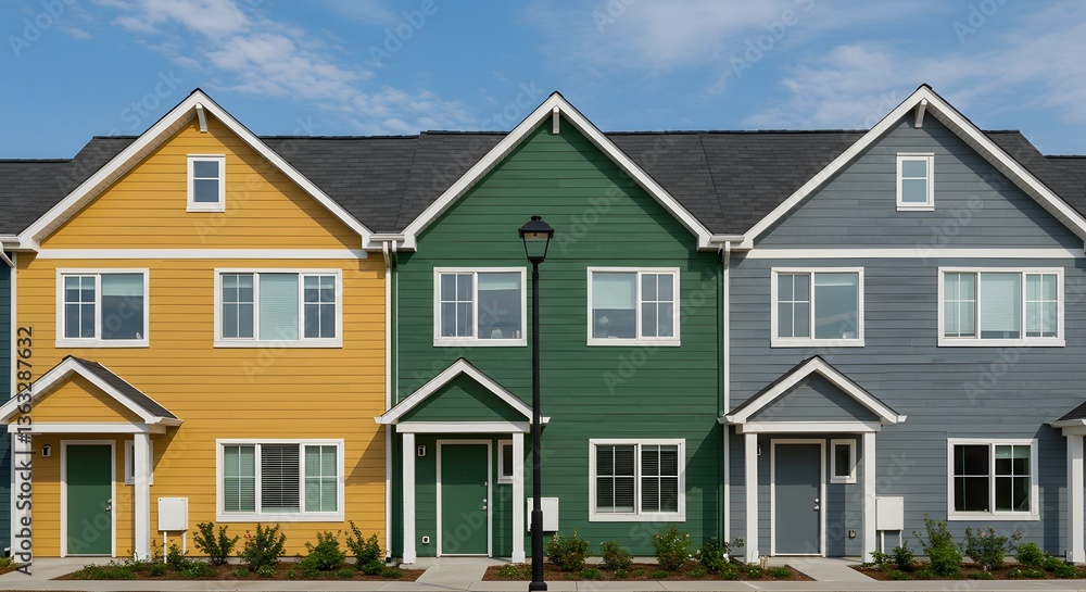 Colorful Townhouses in a Row with Yellow Green and Blue Exterior Colorful Townhouses in a Row with Yellow Green and Blue Exterior
