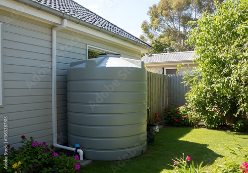 A large water storage tank sits next to a house outside