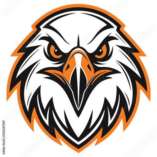 Sharp Eagle Head with Orange Outline, Detailed Feather Pattern on White Background