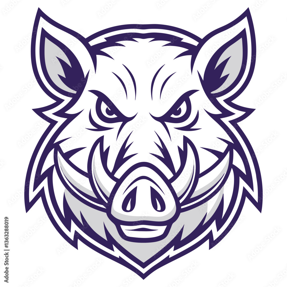 Fototapeta premium Stylized Boar Head Mascot Design with Sharp Tusks, Purple Outlines on White
