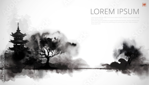 Ink wash painting of landscape with pagoda, trees, and mist on white background. Traditional oriental ink painting sumi-e, u-sin, go-hua. Translation of hieroglyph - zen