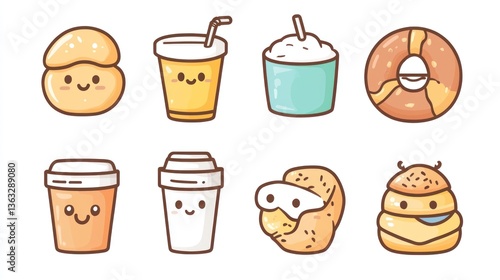 Wallpaper Mural Cute cartoon food icons drinks, buns, and donuts;  website design element Torontodigital.ca