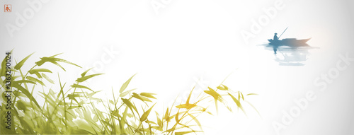 Vector sumi-e artwork of a lone fisherman in a boat on calm misty water, with green bamboo in the foreground and a serene atmosphere. Hieroglyph - eternity