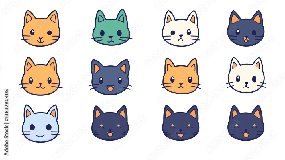Obraz premium Different Faces of Cat Avatars, Background White, Pet Care Logo