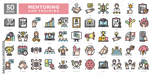 Mentoring and training icon collection set, including coaching, growth, strategy, motivation, and learning. 