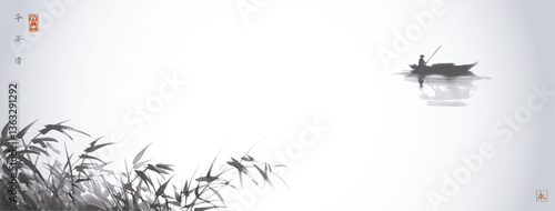 A lone fisherman in a boat on calm water, with bamboo in the foreground and a serene atmosphere. Traditional Japanese ink wash painting sumi-e. Hieroglyphs - peace, tranquility, clarity, eternity