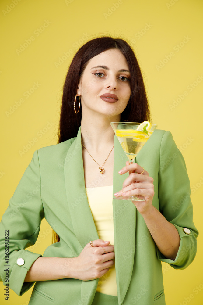 Fashion portrait of beautiful model in green suit with glass of lemonade against yellow background