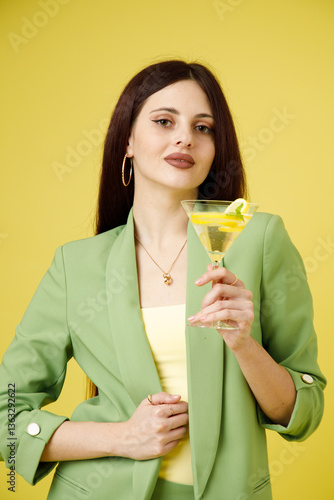 Obraz na płótnie Fashion portrait of beautiful model in green suit with glass of lemonade against yellow background w salonie
