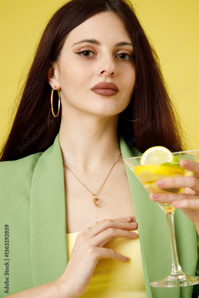 Fashion portrait of beautiful model in green suit with glass of lemonade against yellow background