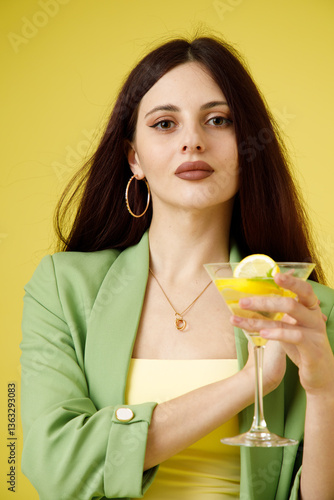 Fashion portrait of beautiful model in green suit with glass of lemonade against yellow background
