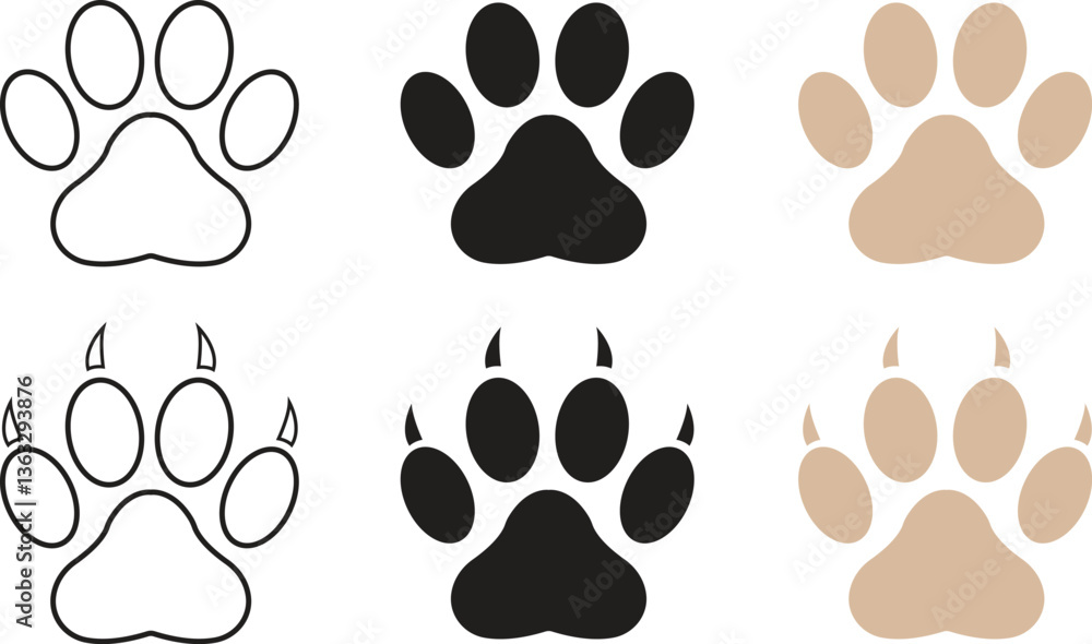 Fototapeta premium Paw footprint icon set. Paw print icons in different style isolated on transparent background. Dog and cat paw vector signs. Wild animal footprint icons, Sketch Design, Editable stroke.