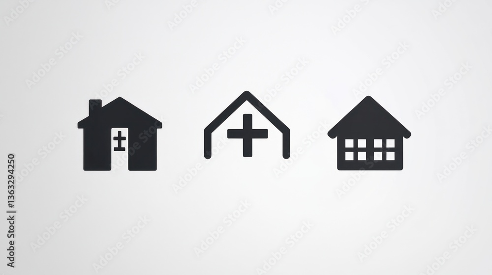 Three simple building icons, one with cross, on plain background, for website use Three simple building icons, one with cross, on plain background, for website use