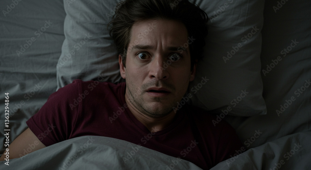 Obraz premium A terrified man jolted awake in the dead of night, his eyes wide with fear, under muted bedroom lighting.