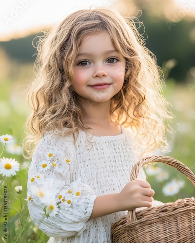 Young girl in white dress holding wicker basket in sunlit meadow with daisies