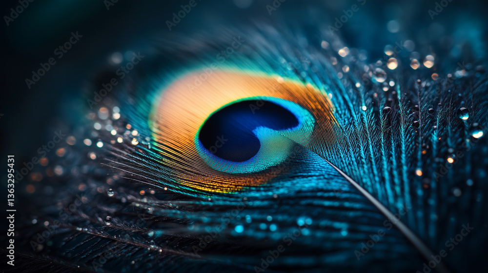 Naklejka premium Single elegant peacock feather signature eye pattern with shimmering details on a turquoise background with vibrant, detailed textures, сlose-up.