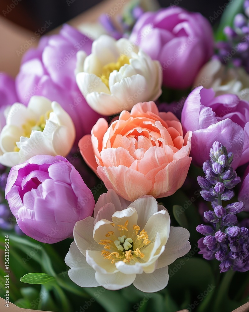 Obraz premium Elegant floral arrangement featuring tulips and other blossoms in soft pastel colors for spring celebration