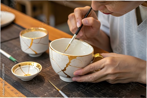 A still from life: a man carefully repaired a broken object – for example, a favorite cup. The cracks were repaired with gold using the technique of 